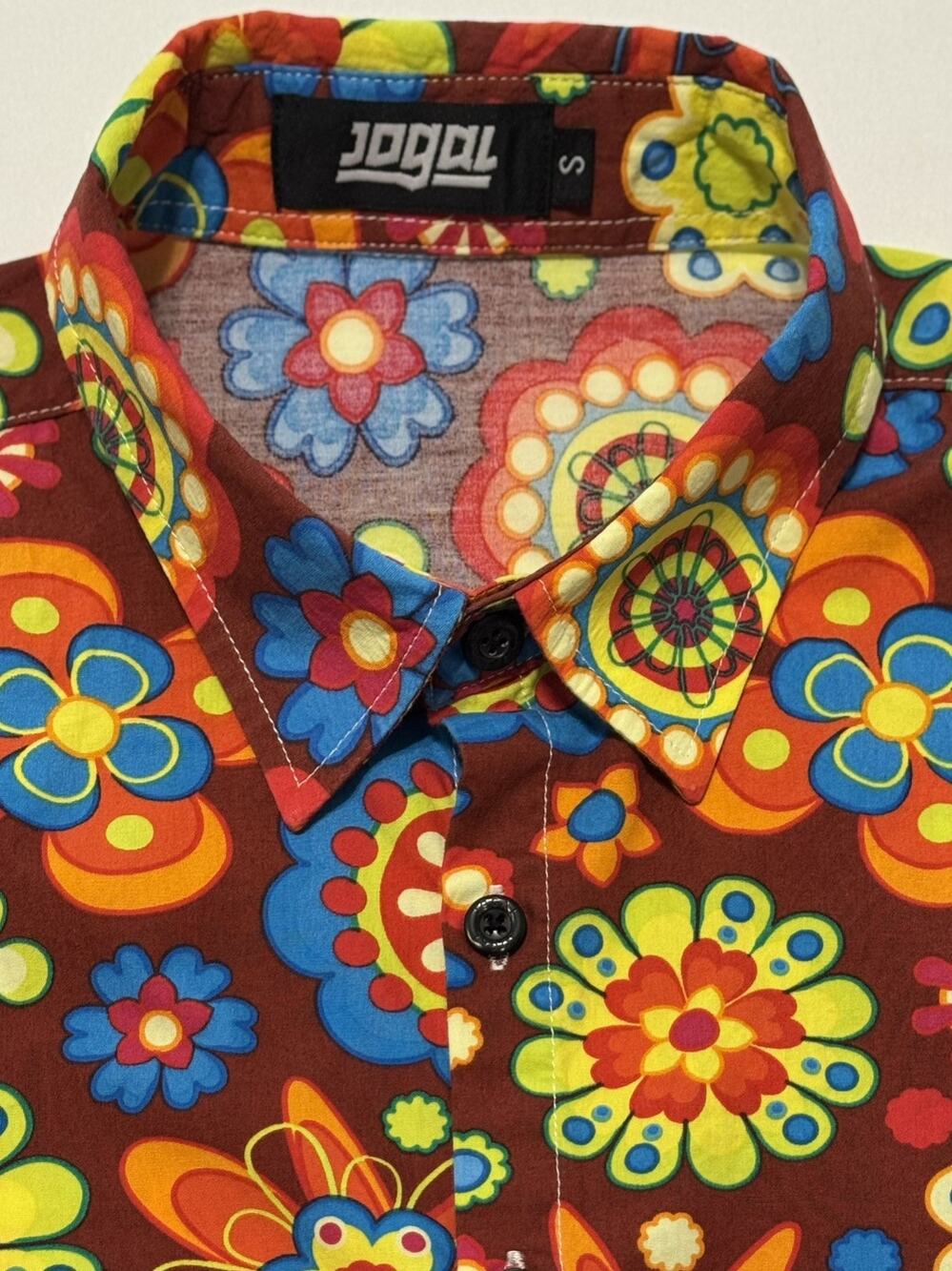 Jogal Men’s Colorful Retro 70s Floral Psychedelic Hippie Long-Sleeve Shirt Small